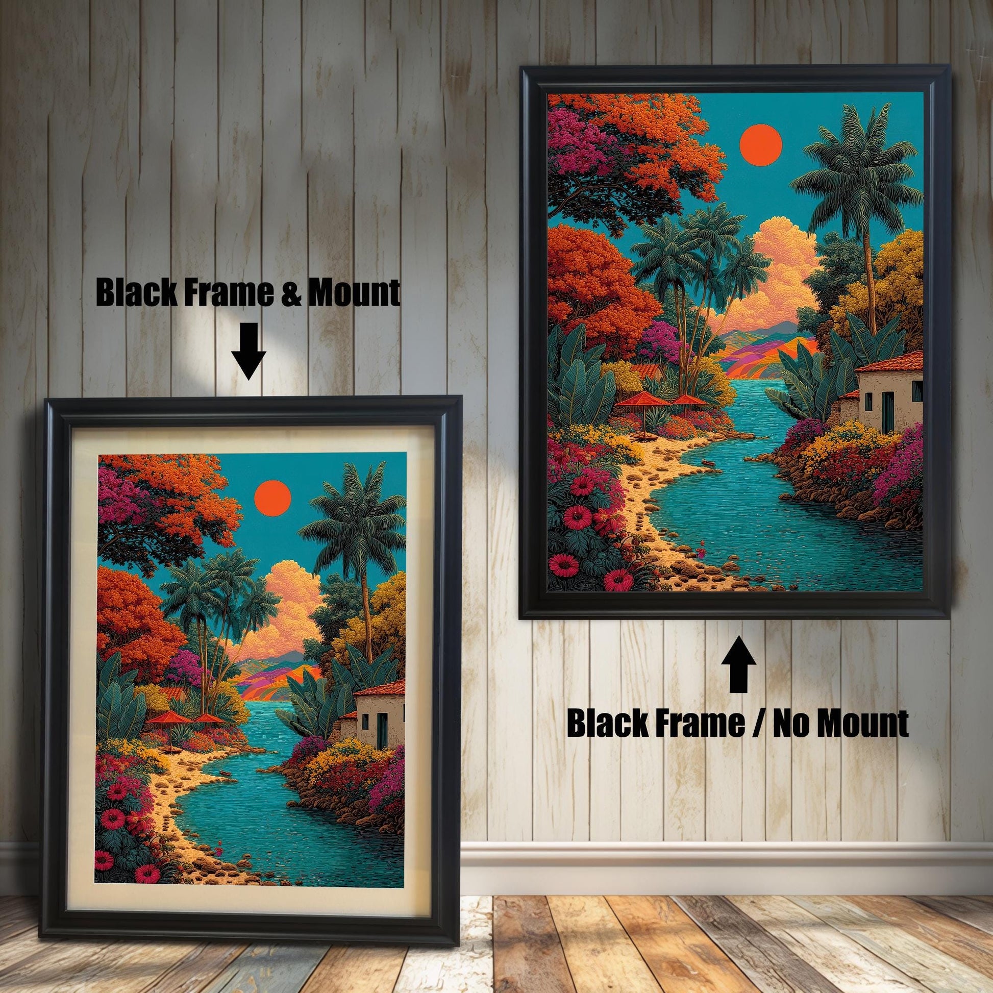 A side-by-side comparison of the vibrant tropical landscape art print framed in a Black Frame. The image on the left shows the print with a mount (matting), and the image on the right shows it without a mount.