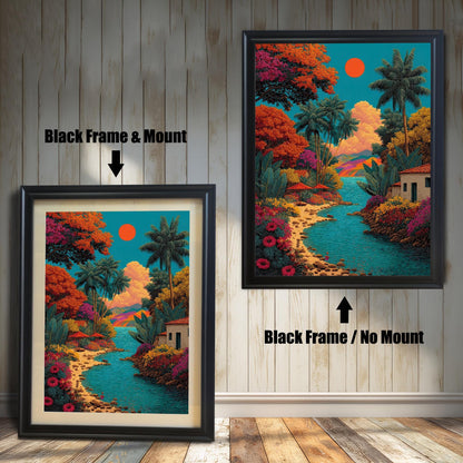 A side-by-side comparison of the vibrant tropical landscape art print framed in a Black Frame. The image on the left shows the print with a mount (matting), and the image on the right shows it without a mount.