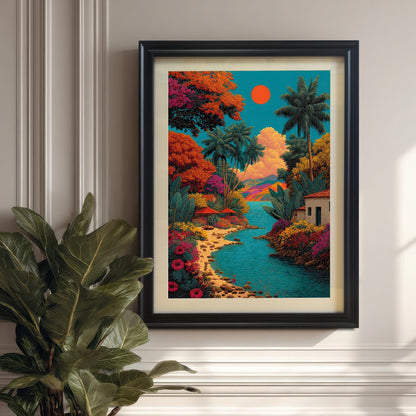 The vibrant tropical landscape art print in a Black Frame with a mount, hanging on a paneled white/cream wall. A large leafy houseplant is visible in the lower left foreground.