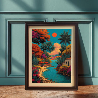 The vibrant tropical landscape art print in a Coffee Frame with a mount, leaning against a paneled teal or blue-green wall, with a wooden floor. Sunlight casts strong shadows across the floor.
