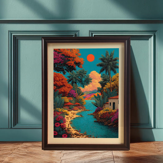 The vibrant tropical landscape art print in a Coffee Frame with a mount, leaning against a paneled teal or blue-green wall, with a wooden floor. Sunlight casts strong shadows across the floor.