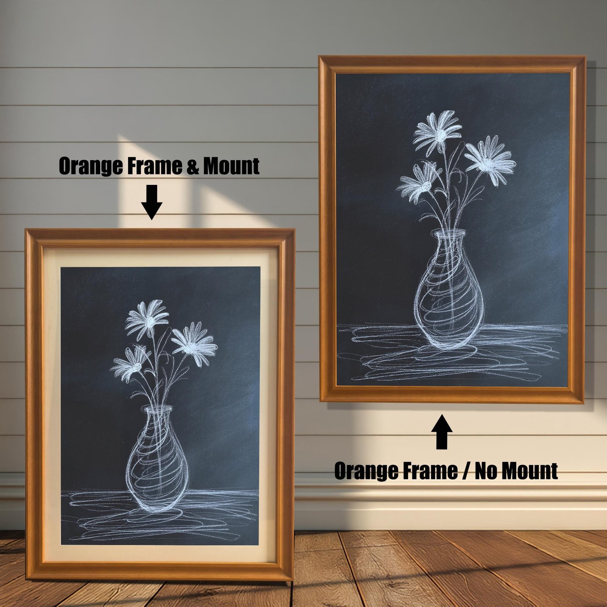 Comparison image showing two orange/light brown framed art prints of the chalk drawing. The left print is an Orange Frame & Mount (with a mat board), and the right print is an Orange Frame / No Mount.