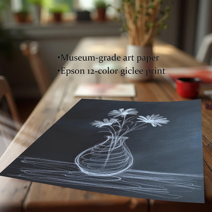 Close-up of the chalk flower print lying on a wooden table, emphasizing the print quality. Text overlay lists product features: ""Museum-grade art paper"" and ""Epson 12-color giclee print.""