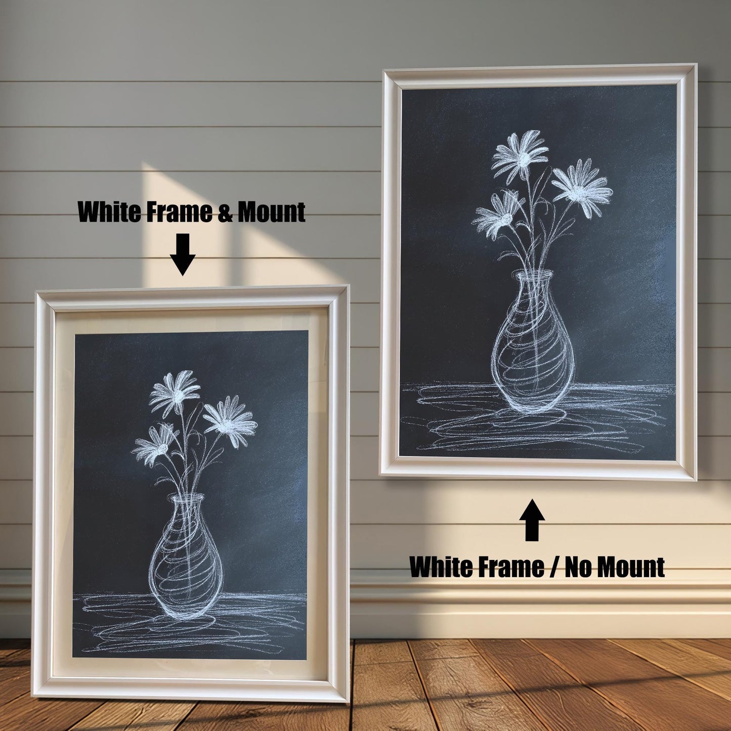Comparison image showing two white framed art prints of the chalk drawing. The left print is a White Frame & Mount (with a mat board), and the right print is a White Frame / No Mount.