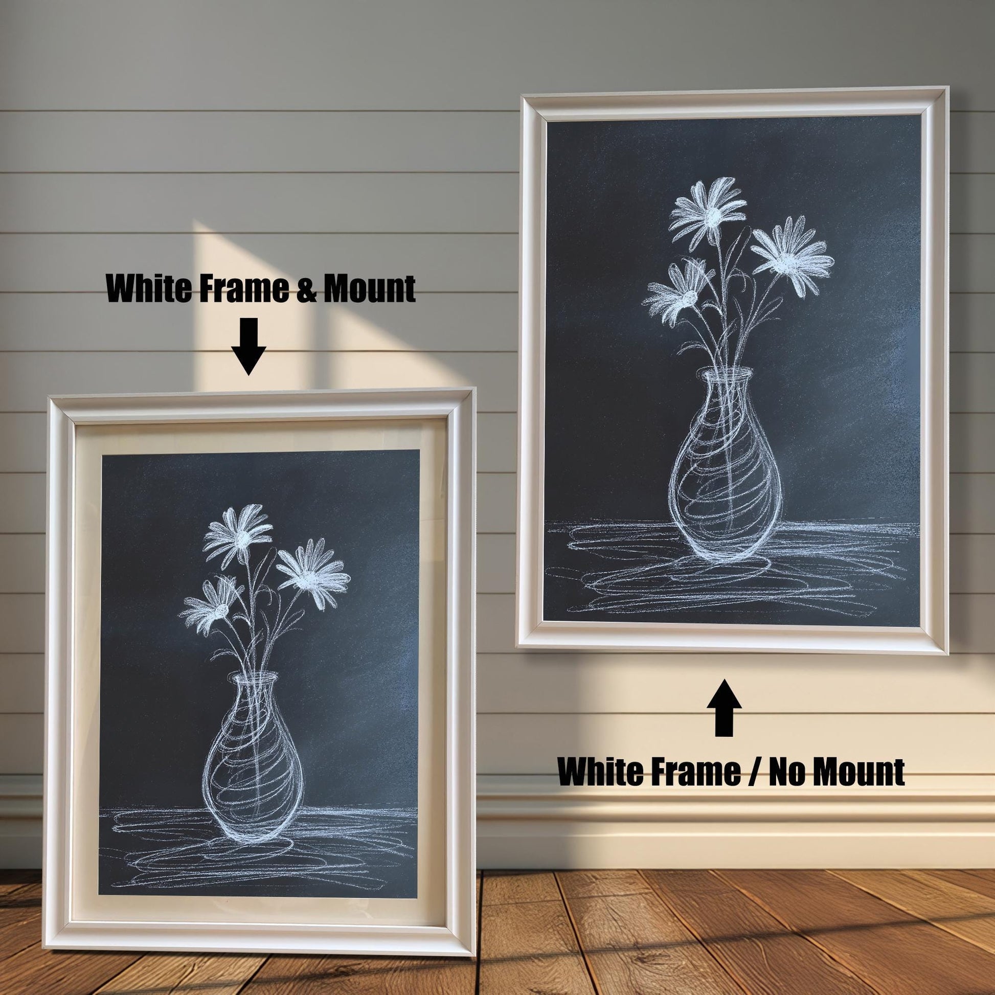 Comparison image showing two white framed art prints of the chalk drawing. The left print is a White Frame & Mount (with a mat board), and the right print is a White Frame / No Mount.