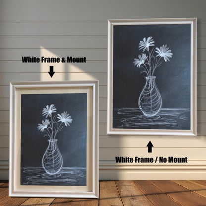 Comparison image showing two white framed art prints of the chalk drawing. The left print is a White Frame & Mount (with a mat board), and the right print is a White Frame / No Mount.