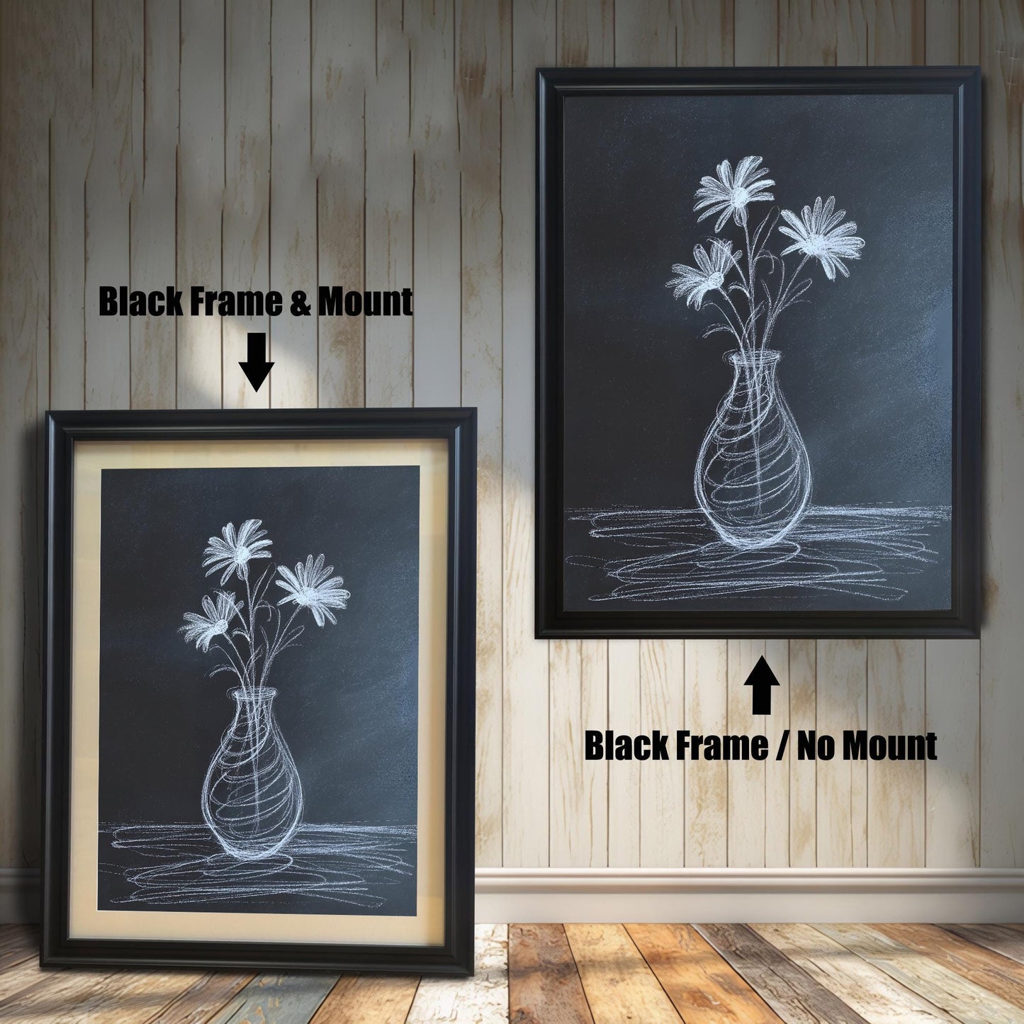 Comparison image showing two black framed art prints of the chalk drawing. The left print is a Black Frame & Mount (with a mat board), and the right print is a Black Frame / No Mount.