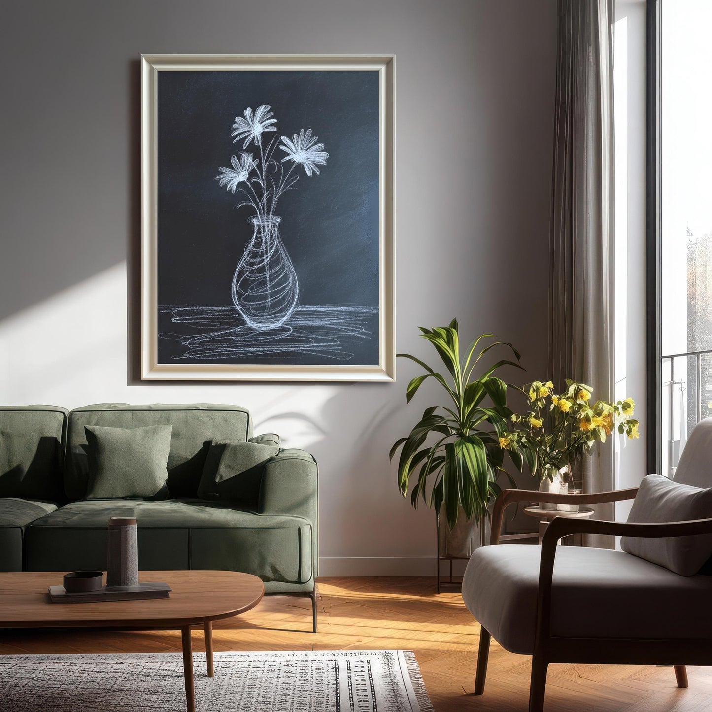 Large framed chalkboard-style art print of a white chalk flower drawing, hanging above a dark green sofa in a modern living room setting with an armchair and house plants. The frame appears to be white or light silver.