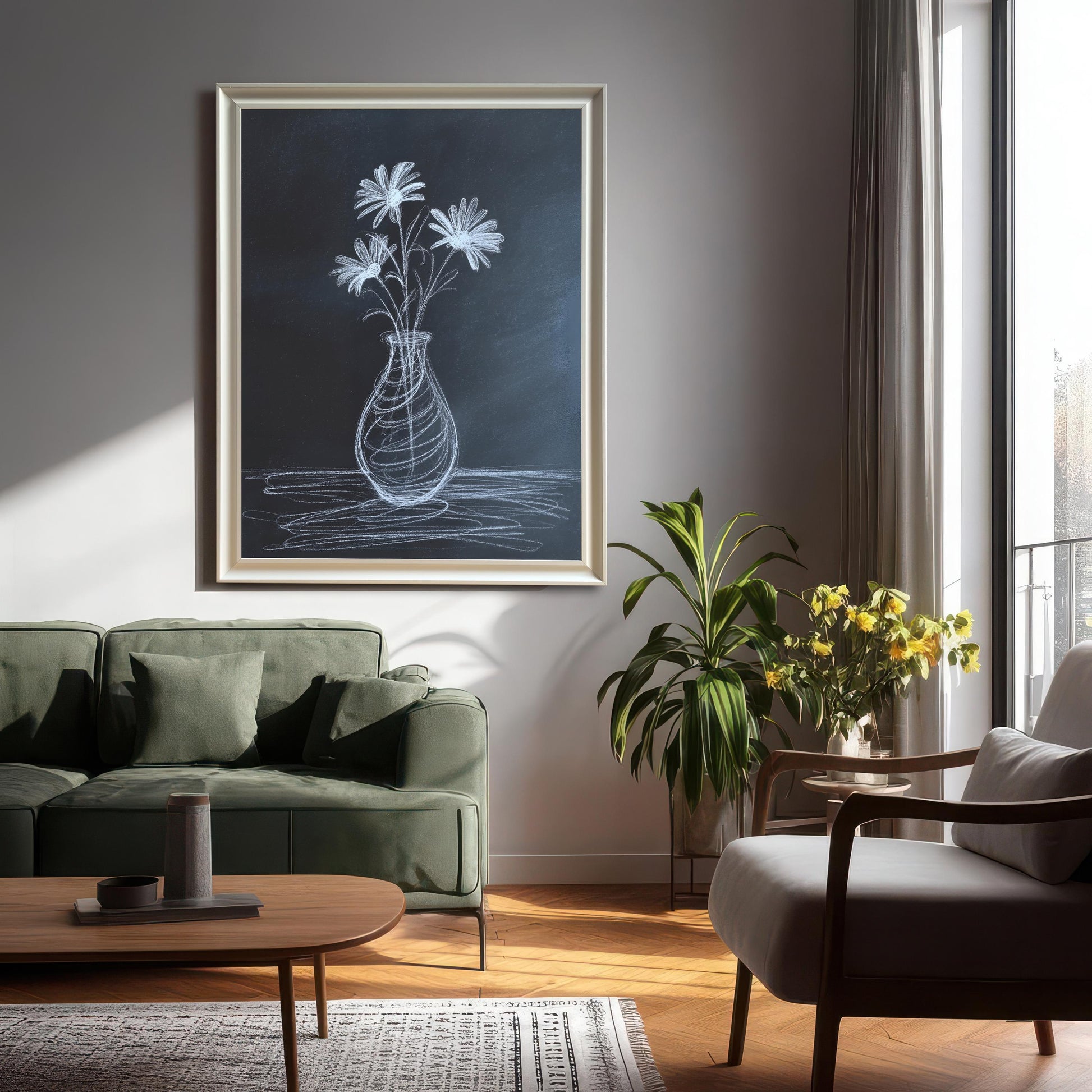 Large framed chalkboard-style art print of a white chalk flower drawing, hanging above a dark green sofa in a modern living room setting with an armchair and house plants. The frame appears to be white or light silver.