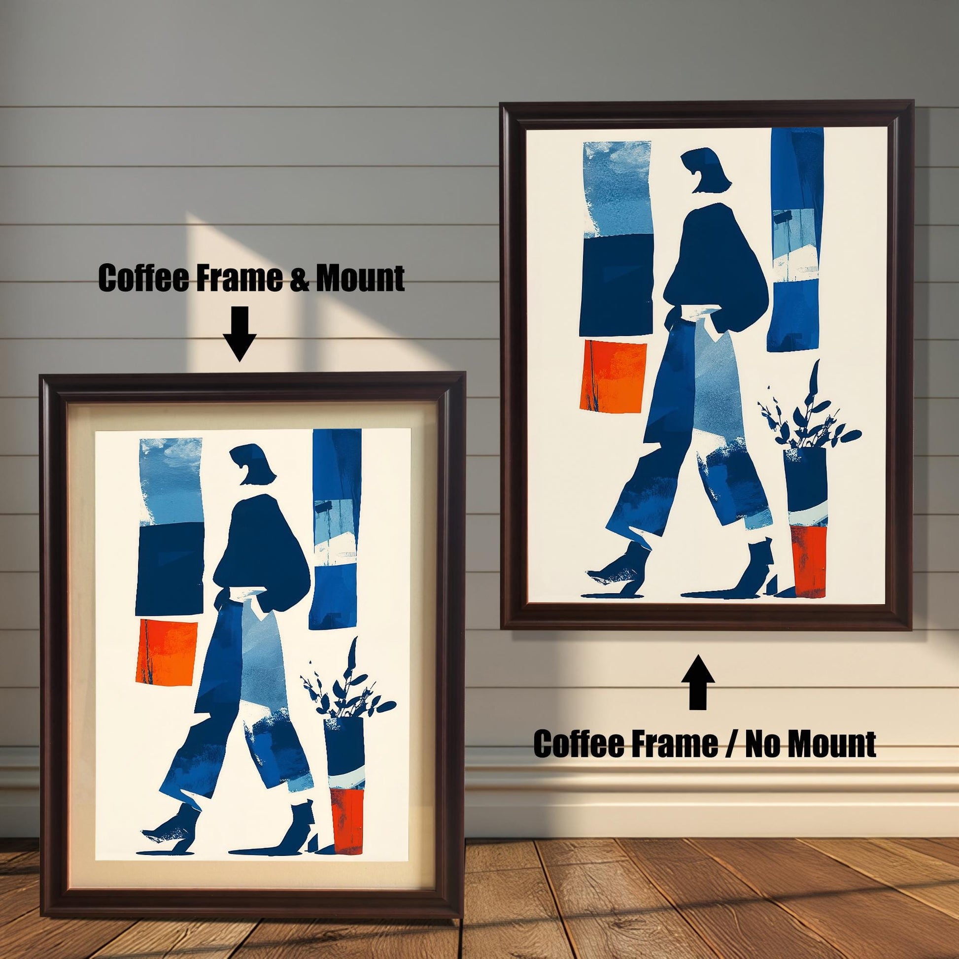 Comparison image showing two dark brown framed art prints. The left print is a Coffee Frame & Mount (with a white mat board), and the right print is a Coffee Frame / No Mount (without a mat board).