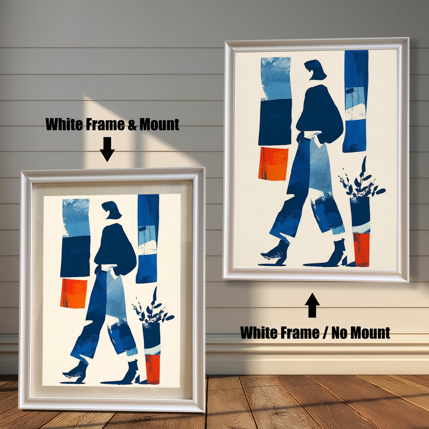 Comparison image showing two white framed art prints. The left print is a White Frame & Mount (with a white mat board), and the right print is a White Frame / No Mount (without a mat board).