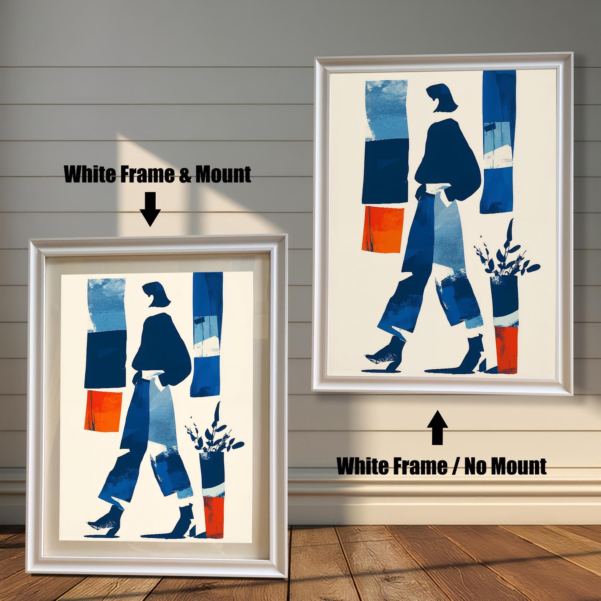 Comparison image showing two white framed art prints. The left print is a White Frame & Mount (with a white mat board), and the right print is a White Frame / No Mount (without a mat board).
