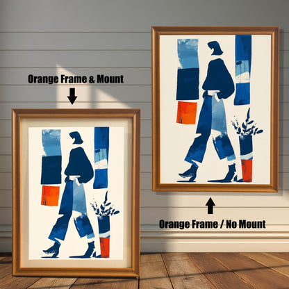 Comparison image showing two wooden framed art prints with an orange/light brown finish. The left print is an Orange Frame & Mount (with a white mat board), and the right print is an Orange Frame / No Mount (without a mat board).