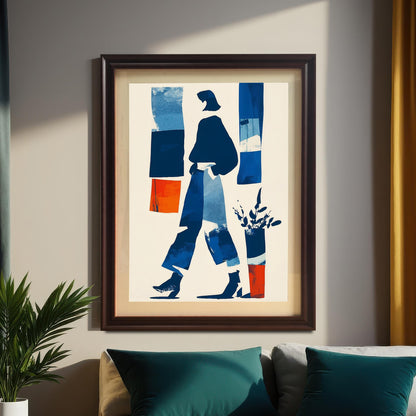 Lifestyle photo of the framed art print in a dark brown/coffee frame hanging above a bed with teal pillows, flanked by dark green and gold curtains.