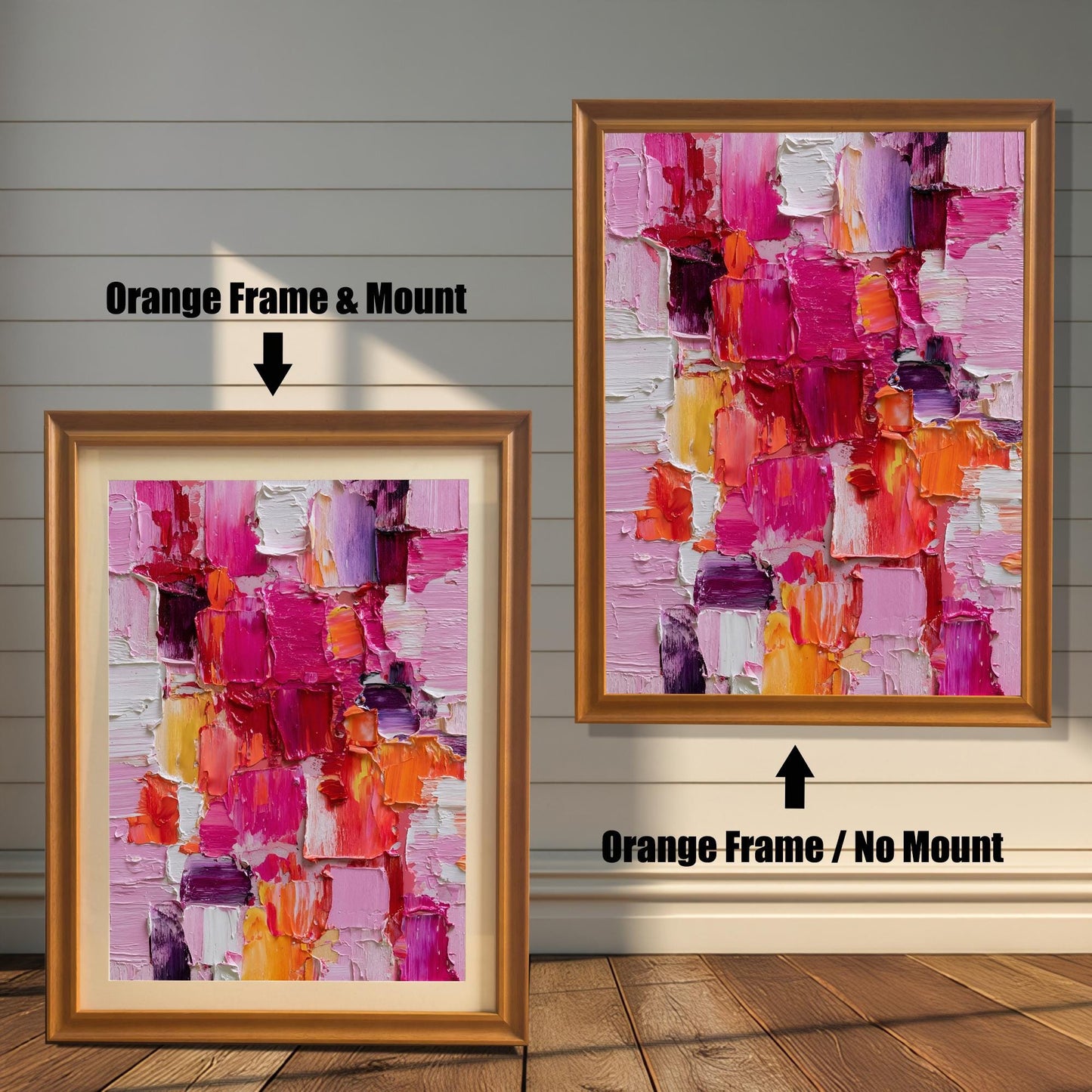 Abstract oil-style painting framed in an orange wooden frame. On the left, the print has an orange frame and an off-white mat/mount. On the right, the print is shown with the same orange frame but no mat/mount. Text indicates ""Orange Frame & Mount"" and ""Orange Frame / No Mount.""