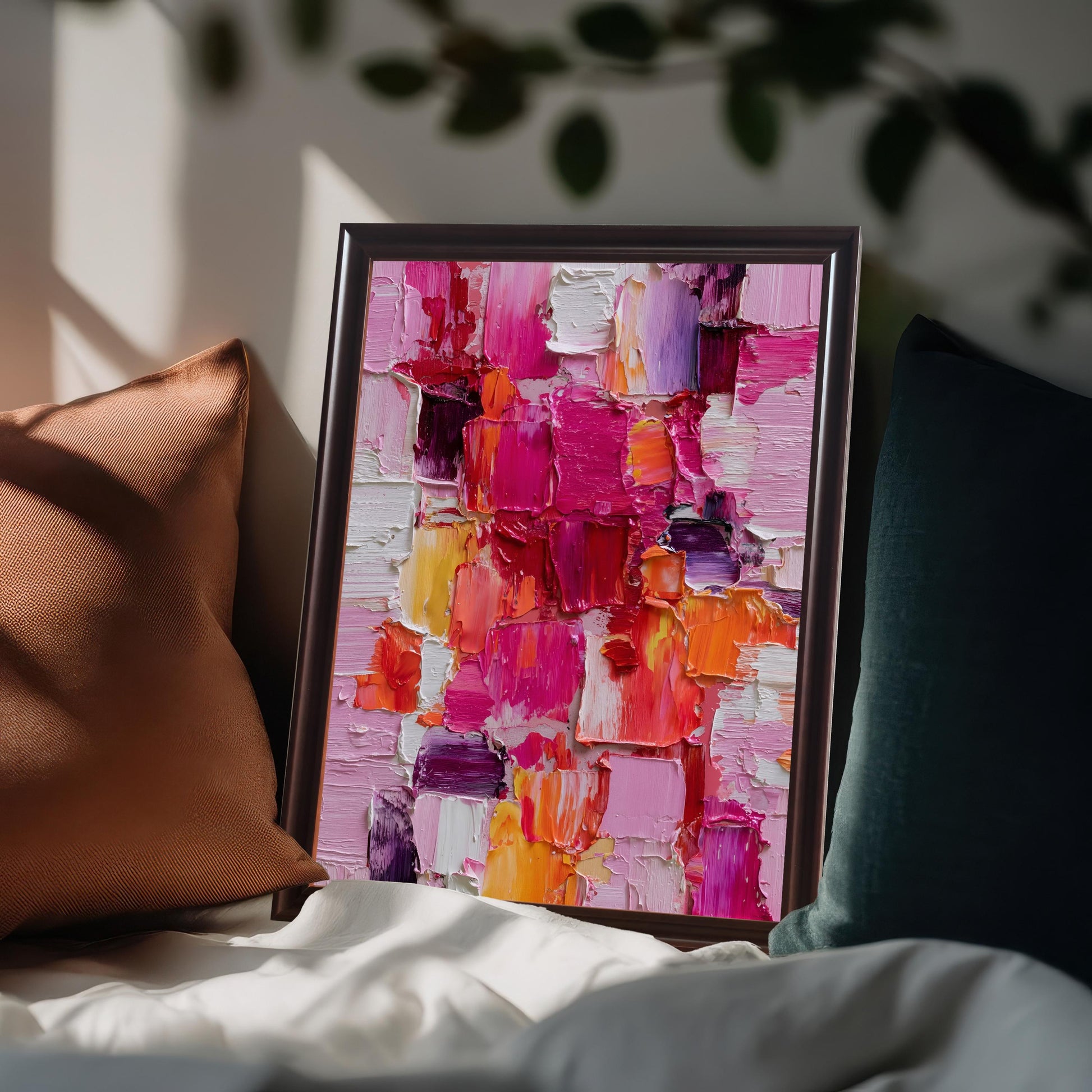 Close-up of the abstract oil-style painting in a dark (Coffee) wooden frame without a mat, resting among pillows (brown and dark teal) on a white sheet-covered bed or sofa.
