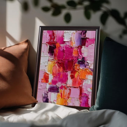 Close-up of the abstract oil-style painting in a dark (Coffee) wooden frame without a mat, resting among pillows (brown and dark teal) on a white sheet-covered bed or sofa.