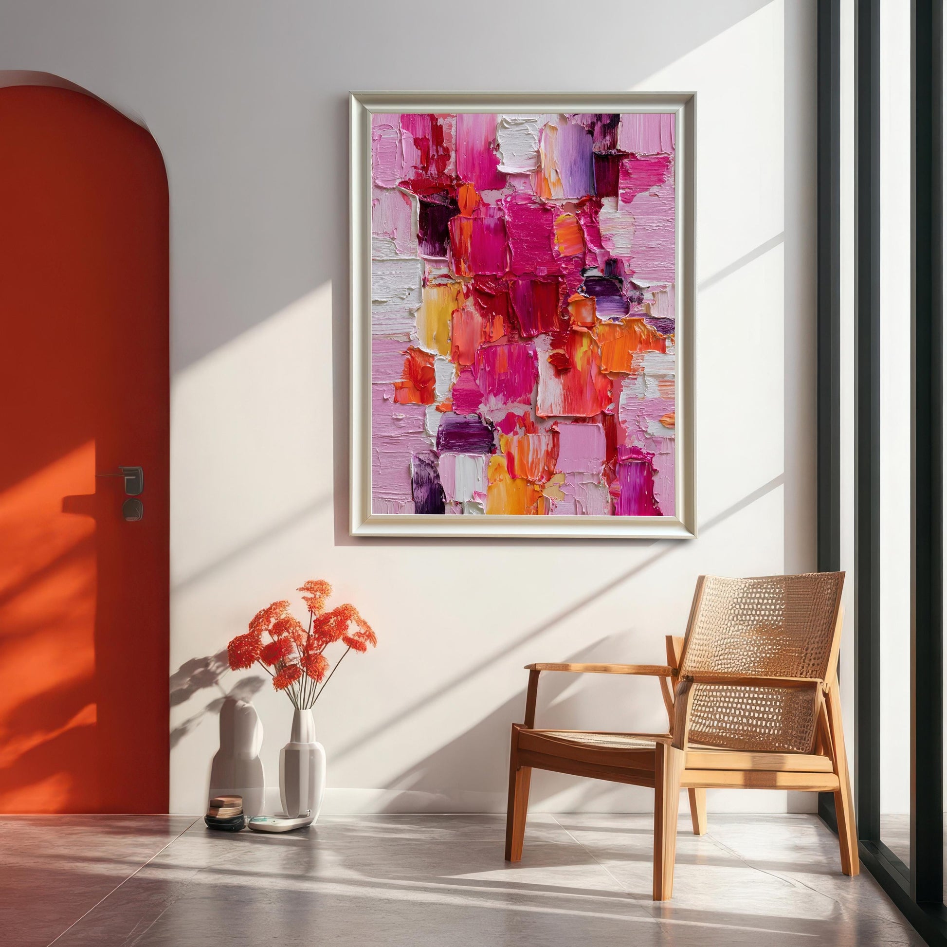 Abstract oil-style painting in a thin, light-colored (White/Silver) wooden frame hanging on a white wall. The room is brightly lit with sunlight streaming in from a tall window. The setting includes a woven cane armchair, a pair of white vases with orange flowers, and an arched, bright orange door.
