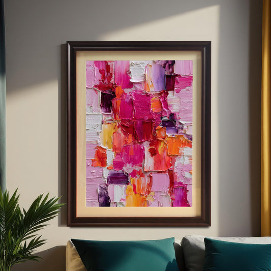 Abstract oil-style painting with vibrant pink, orange, yellow, and purple colors, framed in a dark (Coffee) wooden frame with an off-white mat. The framed art is hanging on a light-colored wall above a bed with teal pillows, next to a plant and dark green/yellow curtains.