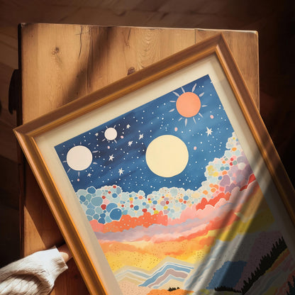 Close-up, angled view of the abstract celestial mountain landscape art print in an Orange/Brown wood frame with a Mount (mat). A hand wearing a cozy white sweater touches the frame, resting on a wooden surface in warm sunlight.