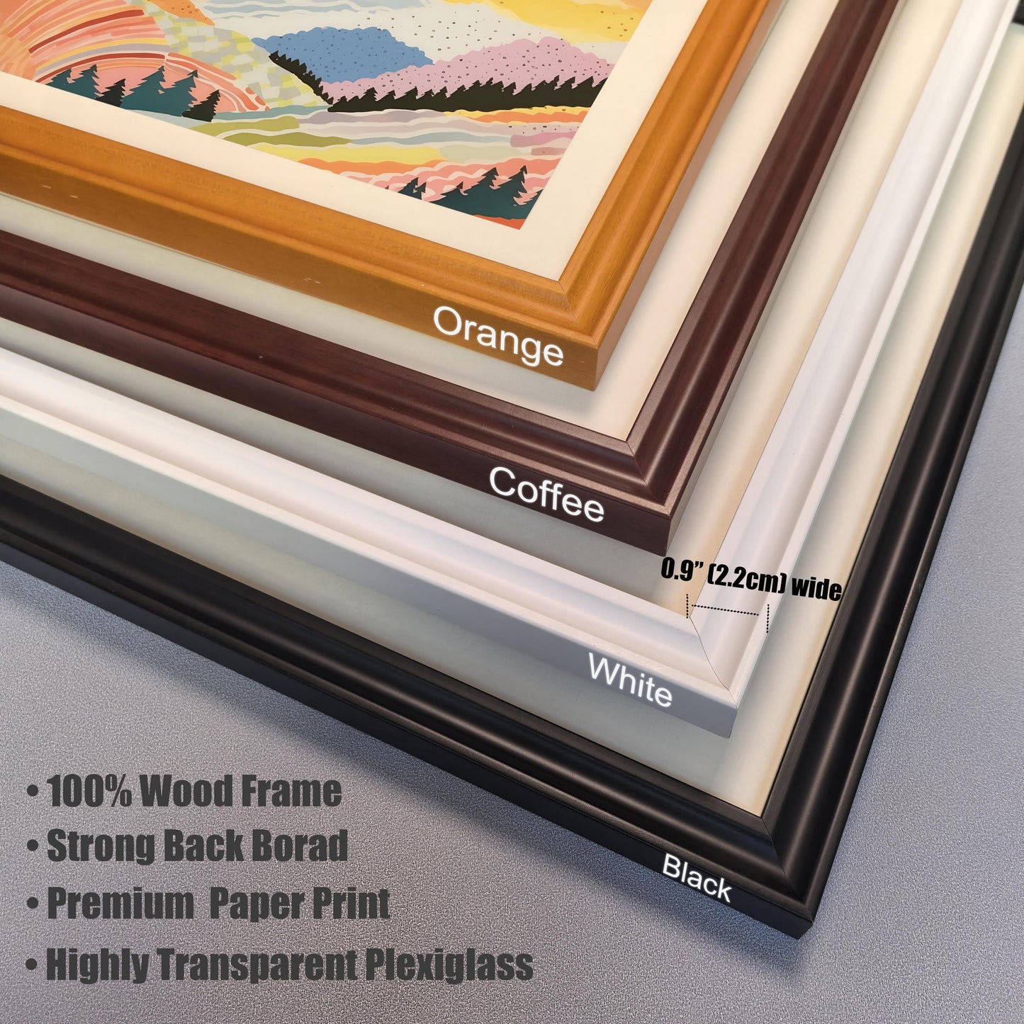 Product photo showcasing a stack of frame corner samples. The four frame color options are labeled: Orange, Coffee (dark brown), White, and Black. The image also details frame features: ""100% Wood Frame"", ""Strong Back Board"", ""Premium Paper Print"", and ""Highly Transparent Plexiglass"" with a width of 0.9"" (2.2cm).