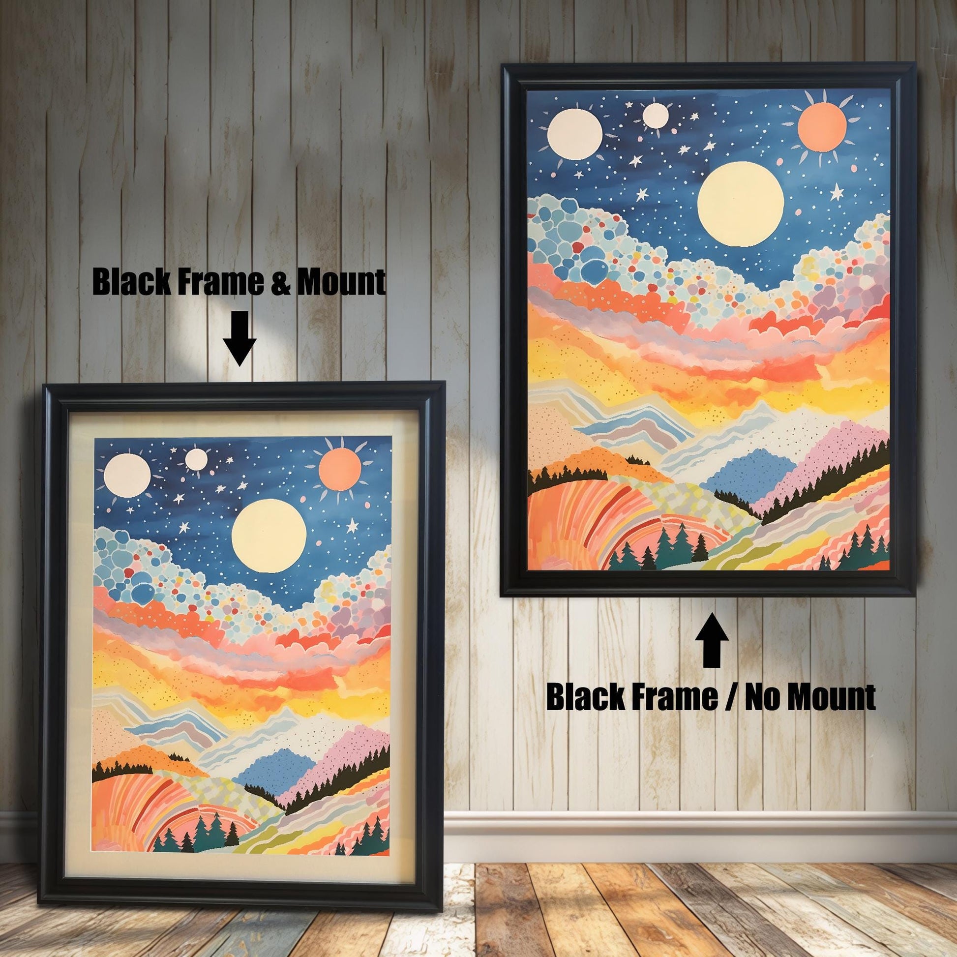 Product comparison of an abstract, colorful celestial mountain landscape art print. Shows the print in a Black Frame with a Mount (mat) next to the print in a Black Frame with No Mount (full bleed), against a wooden paneled wall.