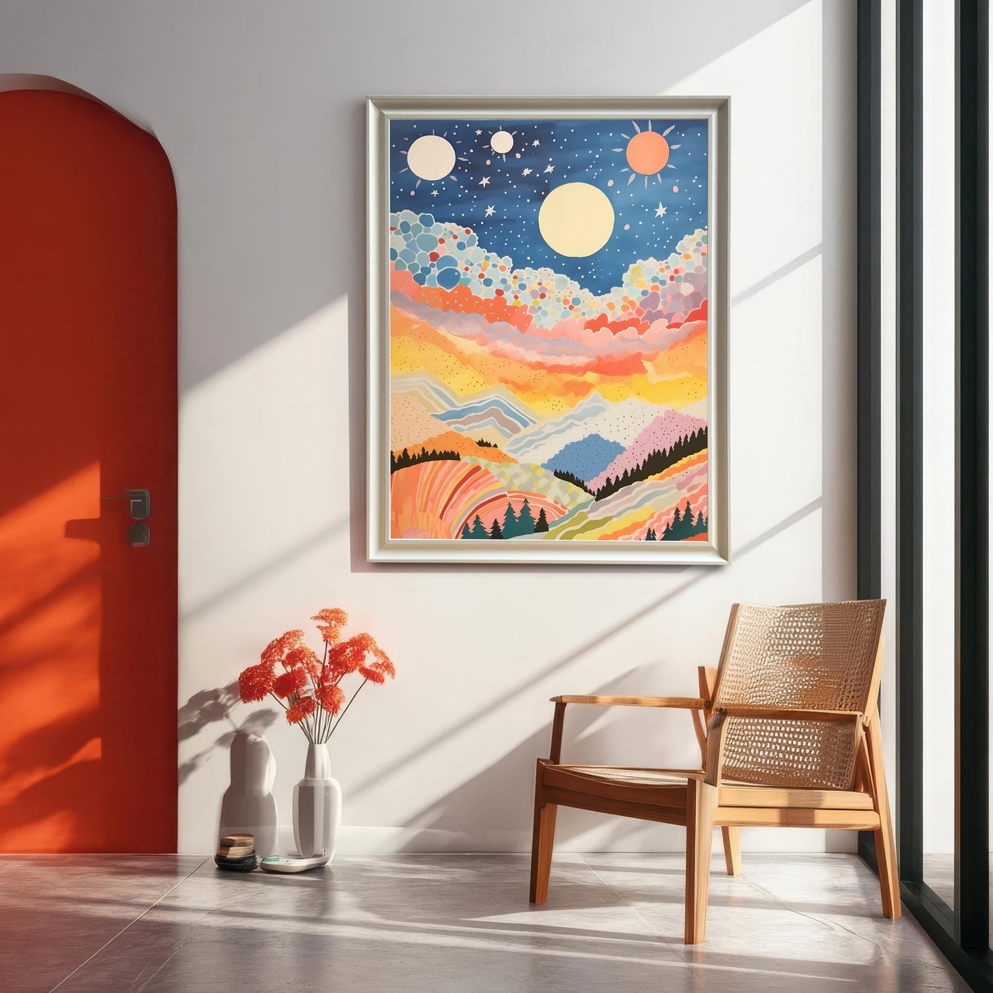 A bright, modern interior featuring the abstract, colorful celestial mountain landscape art print in a silver/white frame hung on a white wall. The room includes an arched orange door, a woven rattan chair, and a vase of orange flowers, highlighting the artwork's colors.