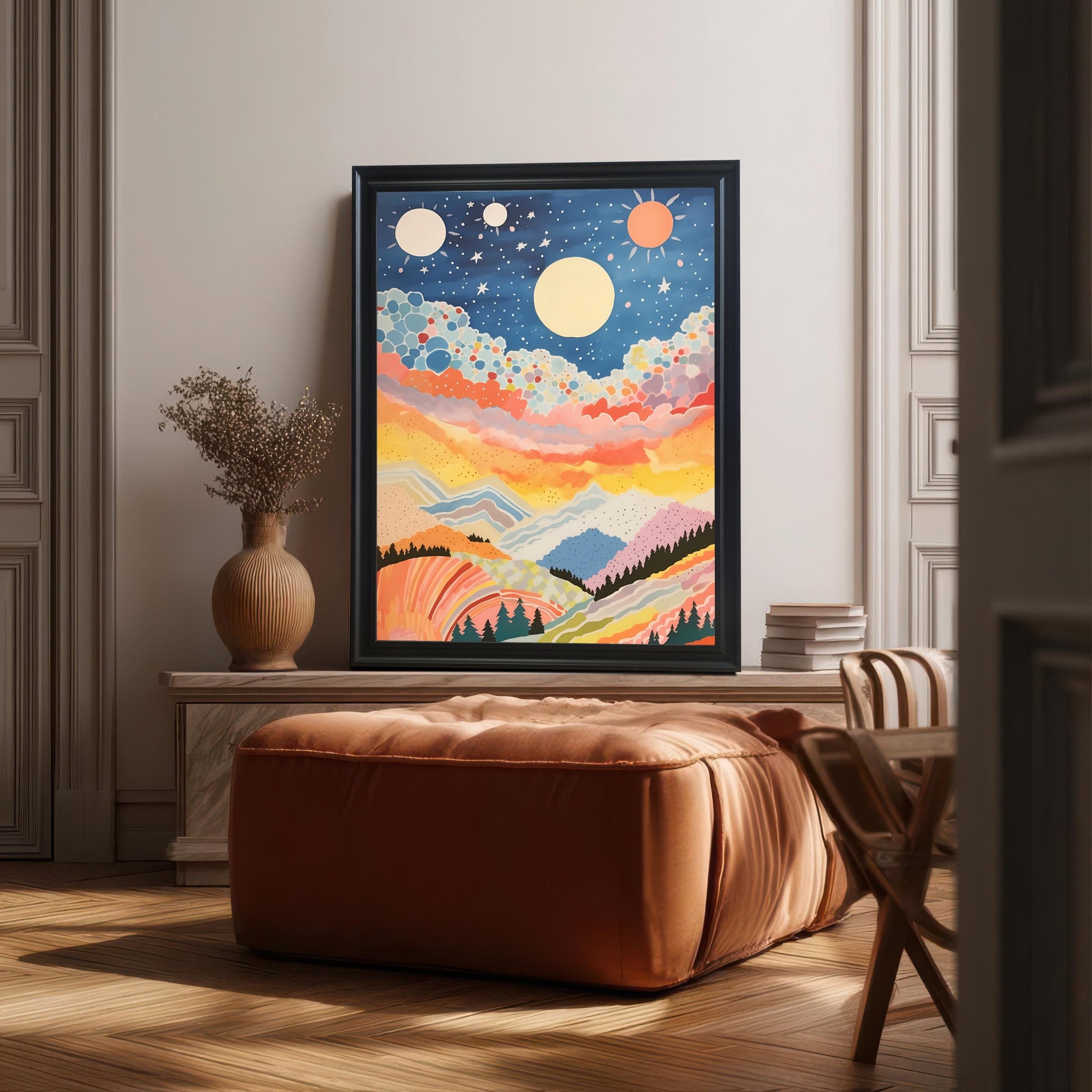 An elegantly styled room featuring the abstract, colorful celestial mountain landscape art print in a black frame, resting on a console table above a large brown leather ottoman/pouf. The room has sophisticated, neutral wall paneling and hardwood floors.