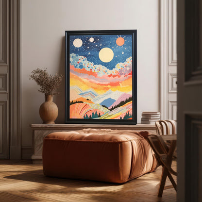 An elegantly styled room featuring the abstract, colorful celestial mountain landscape art print in a black frame, resting on a console table above a large brown leather ottoman/pouf. The room has sophisticated, neutral wall paneling and hardwood floors.
