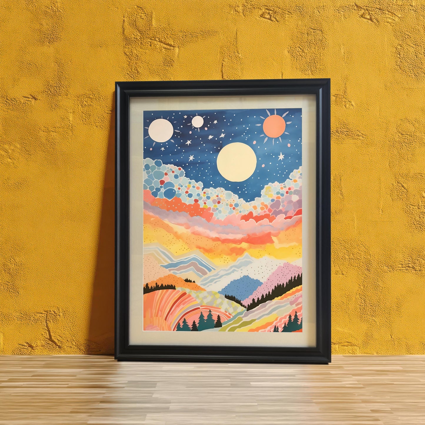 Close-up shot of the abstract, colorful celestial mountain landscape art print in a black frame with a white mount (mat), leaning on a light wood floor against a brightly textured mustard yellow wall.