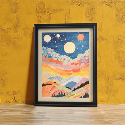Close-up shot of the abstract, colorful celestial mountain landscape art print in a black frame with a white mount (mat), leaning on a light wood floor against a brightly textured mustard yellow wall.