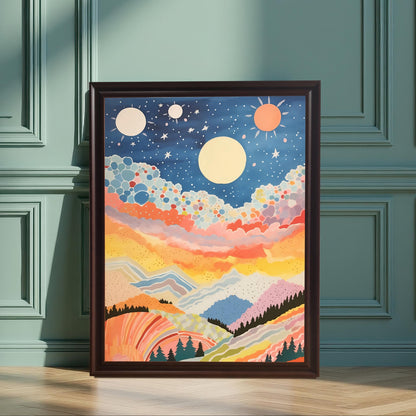 A full-size abstract, colorful celestial mountain landscape art print in a dark brown/black frame, leaning against a decorative teal/green wainscoted wall. The artwork features a starry blue sky, bright orange/yellow sunset clouds, and rolling hills.