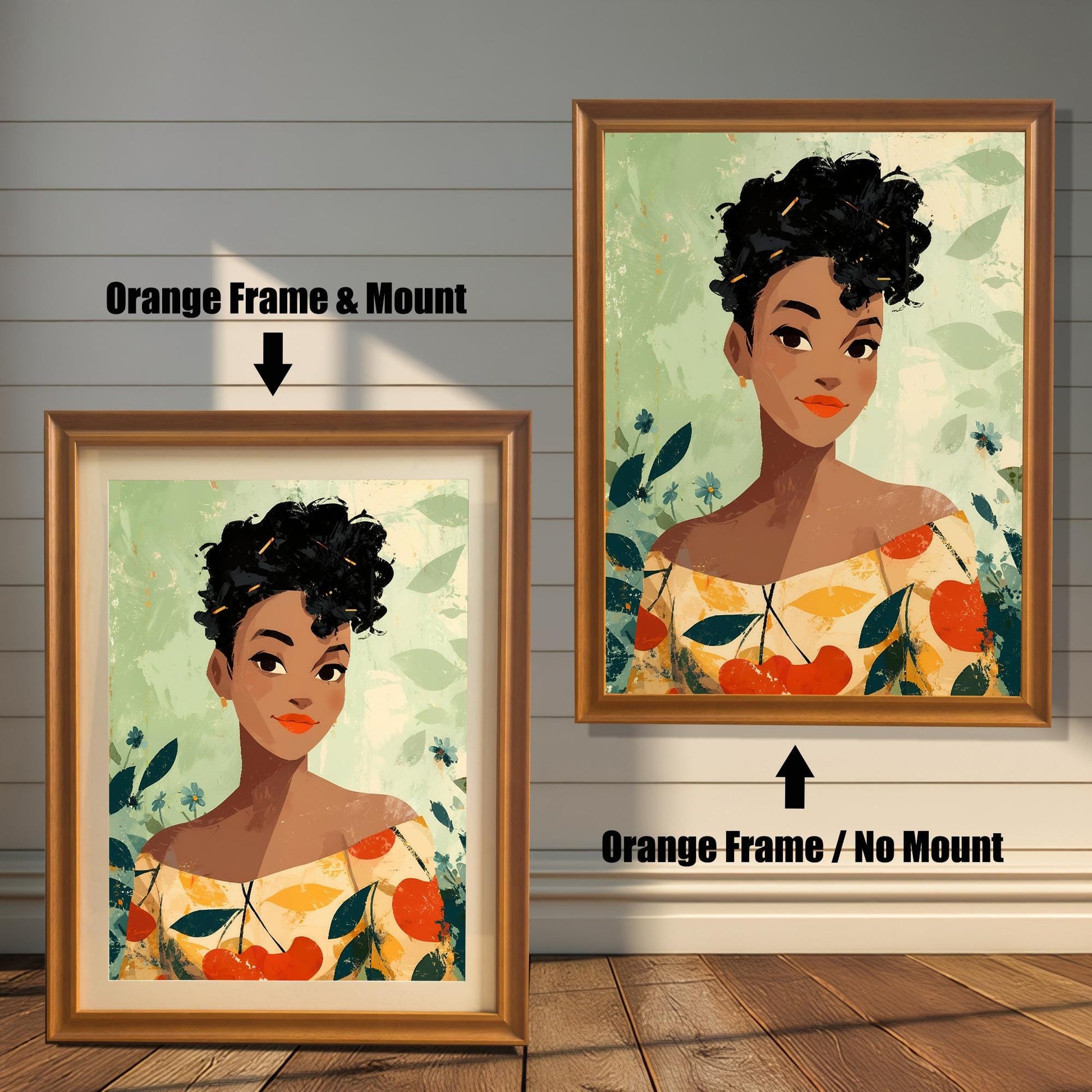 Comparison image showing the woman portrait print with an Orange Frame & Mount (matting) on the left, and an Orange Frame / No Mount on the right, against a white paneled wood wall.