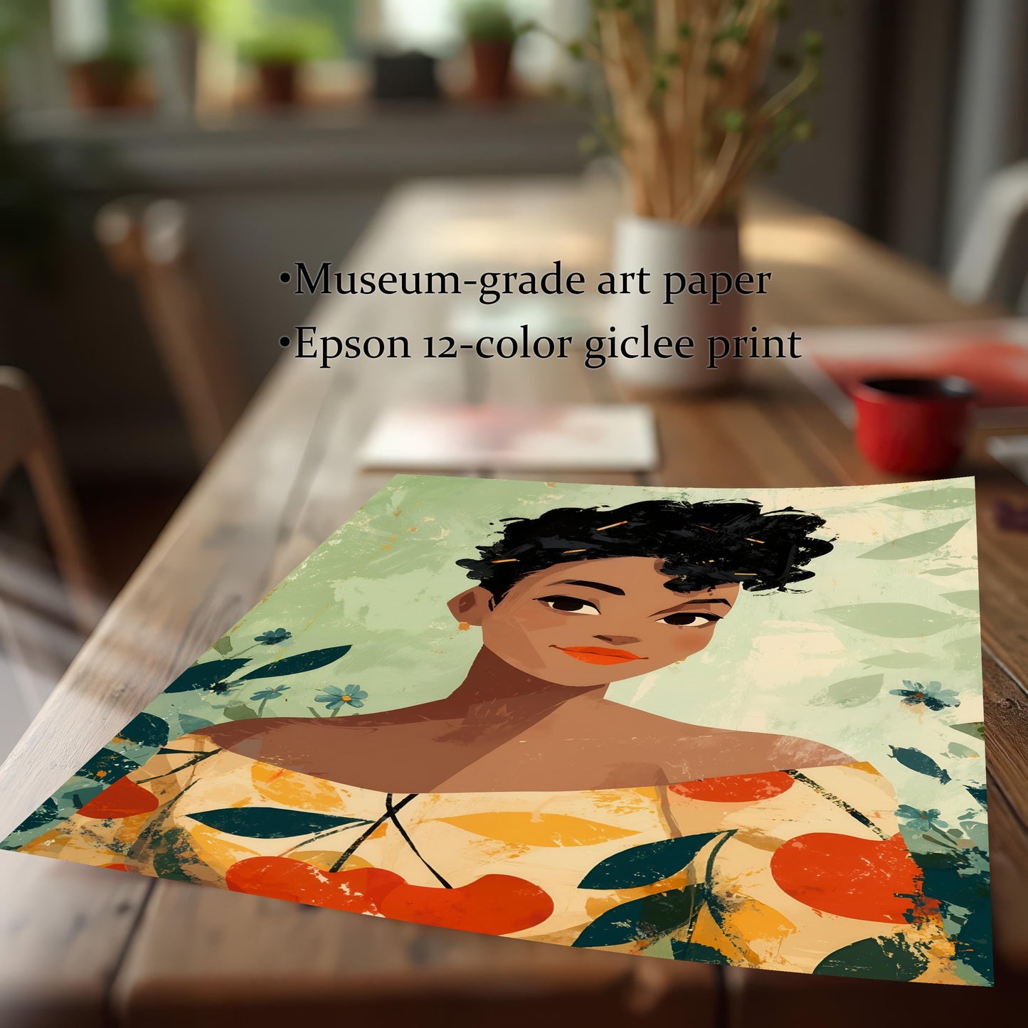 Close-up of the unframed print of the woman portrait, highlighting the texture and cherry pattern. Text highlights: Museum-grade art paper and Epson 12-color giclee print.
