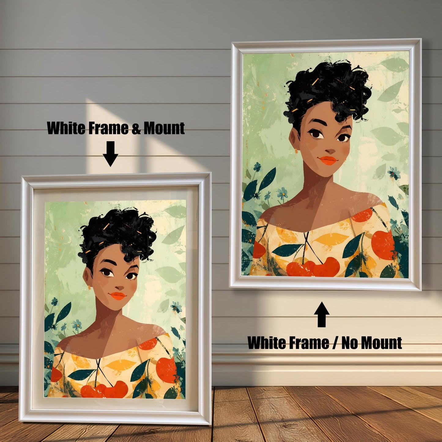 Comparison image showing the woman portrait print with a White Frame & Mount (matting) on the left, and a White Frame / No Mount on the right, against a white paneled wood wall.