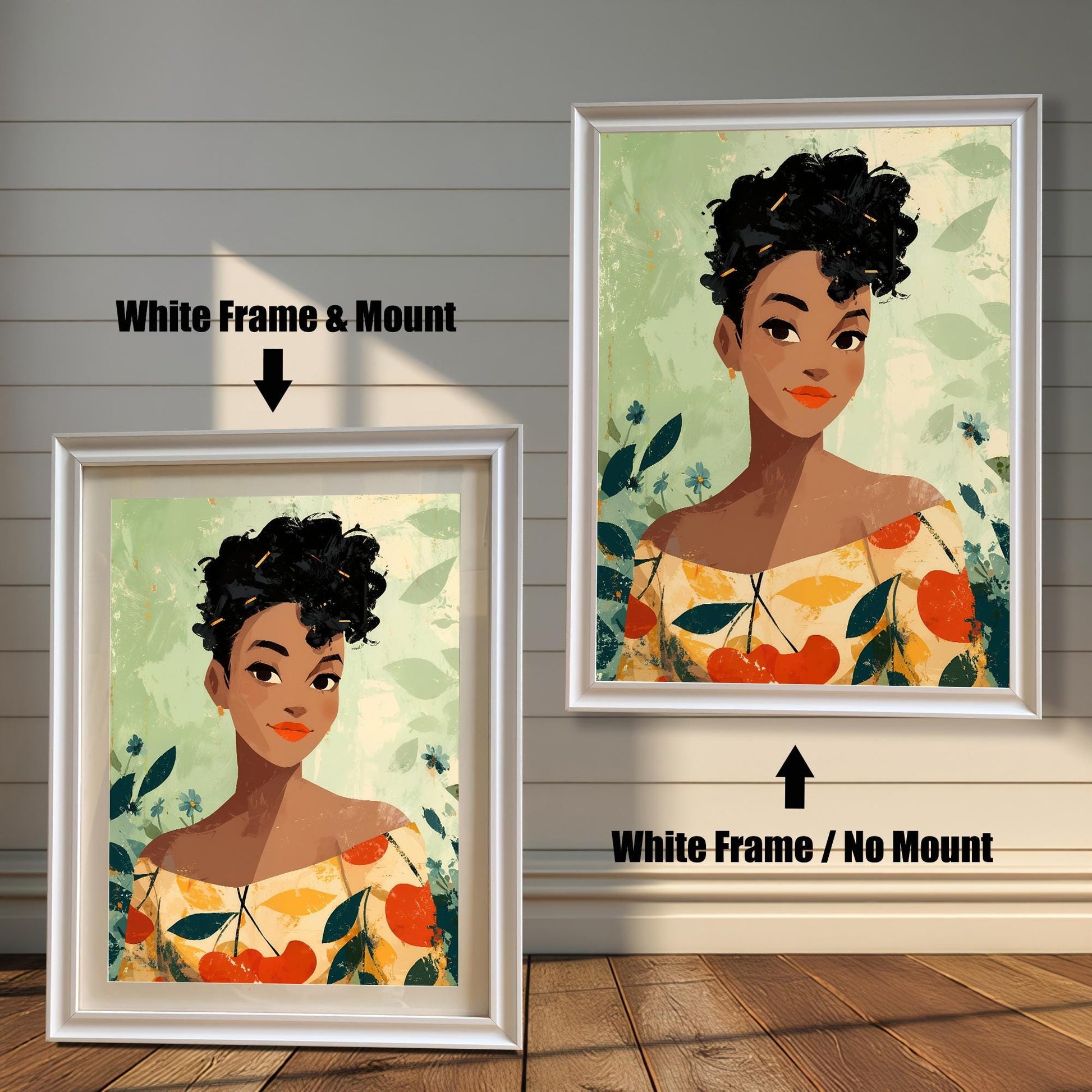 Comparison image showing the woman portrait print with a White Frame & Mount (matting) on the left, and a White Frame / No Mount on the right, against a white paneled wood wall.