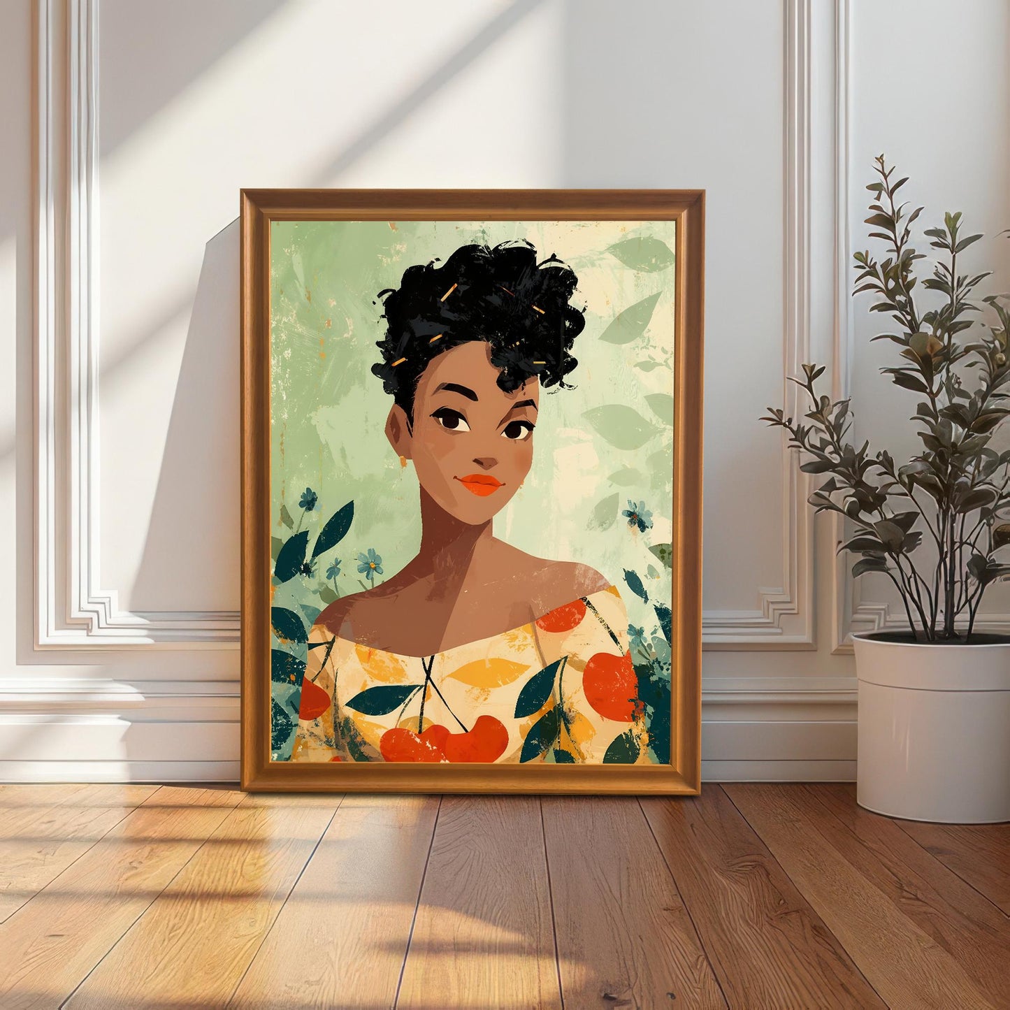 The woman portrait print in an orange/gold frame, leaning on the floor against a white paneled wall next to a tall potted plant.