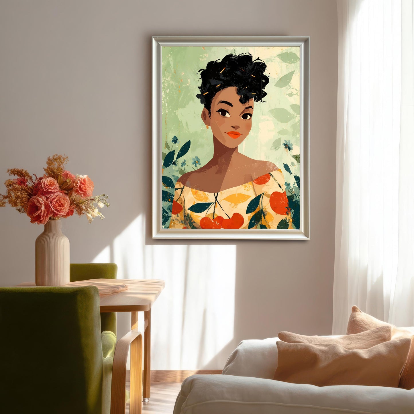 A bright, modern living or dining room setting featuring a framed art print of a woman with dark curly hair and an orange-red shirt, set against a pale green, leafy background. The frame is silver/white. The artwork is hung on a light wall above a wooden table and a white sofa.