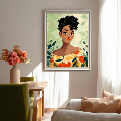 A bright, modern living or dining room setting featuring a framed art print of a woman with dark curly hair and an orange-red shirt, set against a pale green, leafy background. The frame is silver/white. The artwork is hung on a light wall above a wooden table and a white sofa.