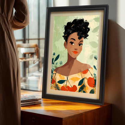 A portrait art print in a black frame, resting on a wooden surface near a window with soft light. A person in a tan dress is standing nearby. The print is a stylized illustration of a woman with dark curly hair, wearing an off-shoulder, fruit-patterned shirt against a soft green, leafy background.