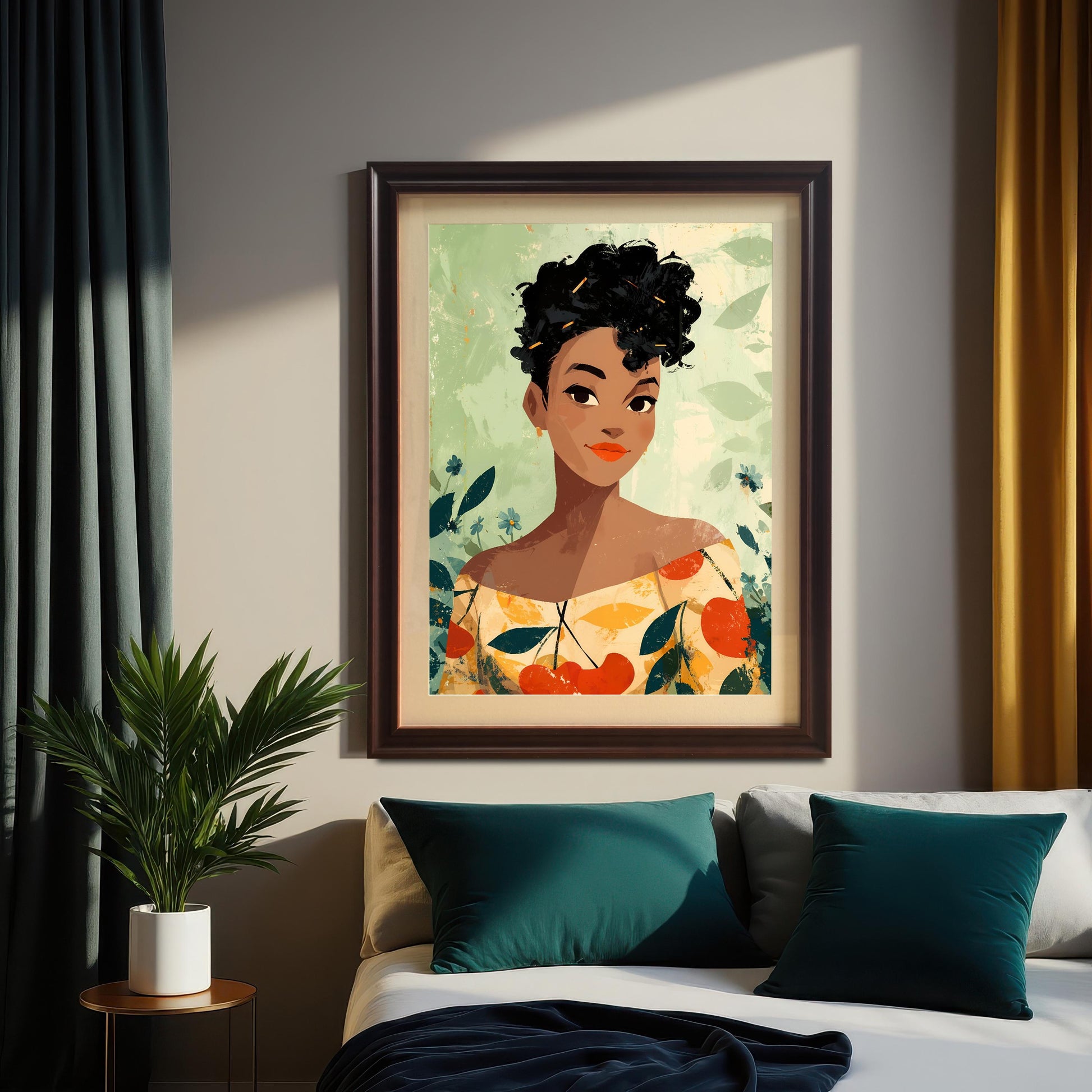 A bedroom setting showcasing the art print in a dark wood frame hung above a white bed with teal and navy pillows. The portrait features a woman with dark curly hair and a colorful shirt on a pale green, leafy background. Dark teal and mustard-yellow curtains are visible on either side.