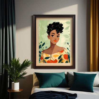 A bedroom setting showcasing the art print in a dark wood frame hung above a white bed with teal and navy pillows. The portrait features a woman with dark curly hair and a colorful shirt on a pale green, leafy background. Dark teal and mustard-yellow curtains are visible on either side.