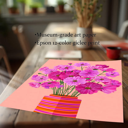 Close-up of the unframed print of pink Cosmos flowers in a striped vase, lying on a wooden table. Text highlights: Museum-grade art paper and Epson 12-color giclee print.