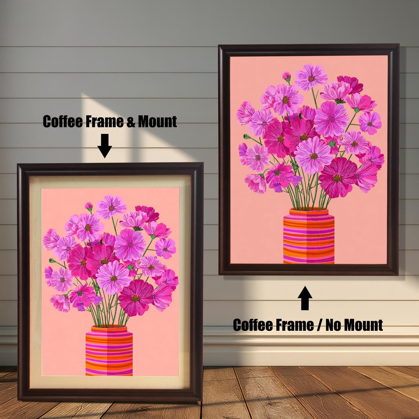 Comparison image showing the Cosmos flower print with a Coffee Frame & Mount (matting) on the left, and a Coffee Frame / No Mount on the right, against a white paneled wood wall.
