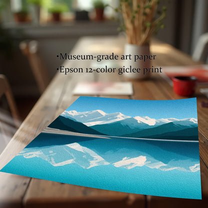 Wood Framed Minimalist Snowy Mountain Lake Art Giclée Print