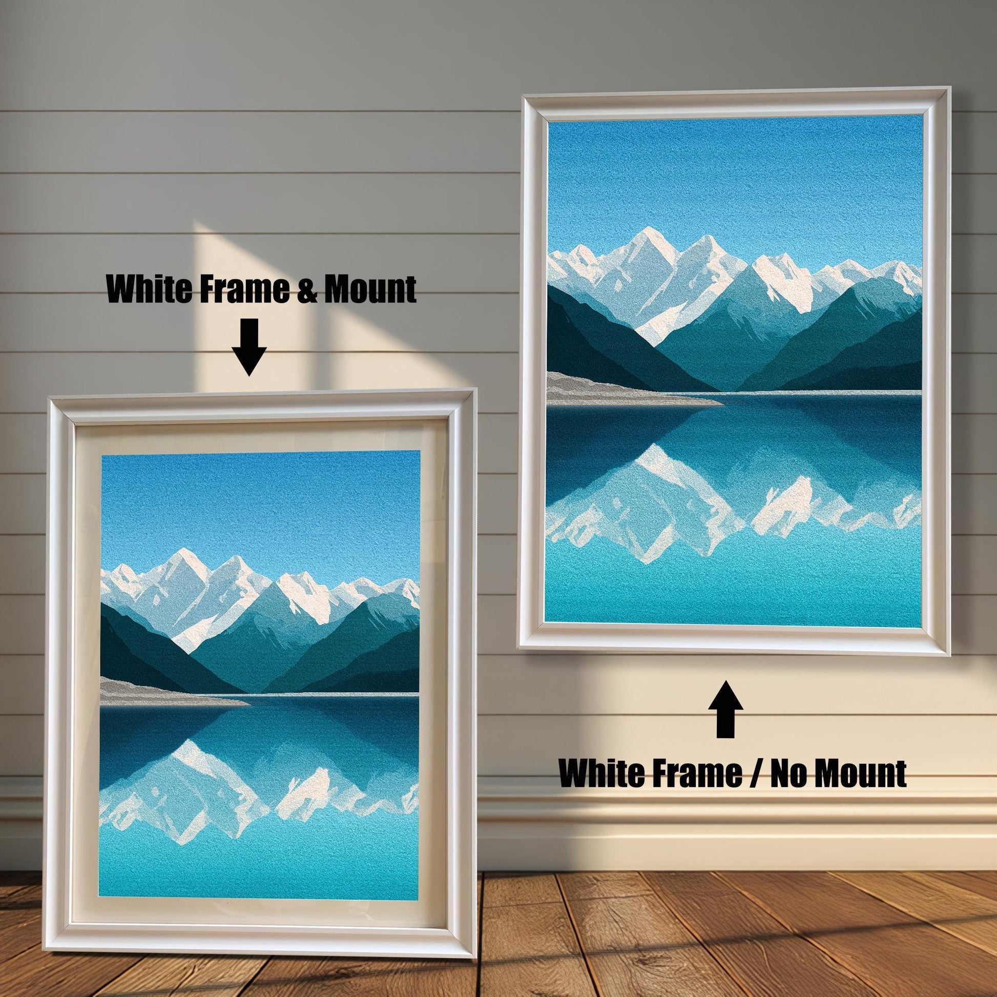 Wood Framed Minimalist Snowy Mountain Lake Art Giclée Print