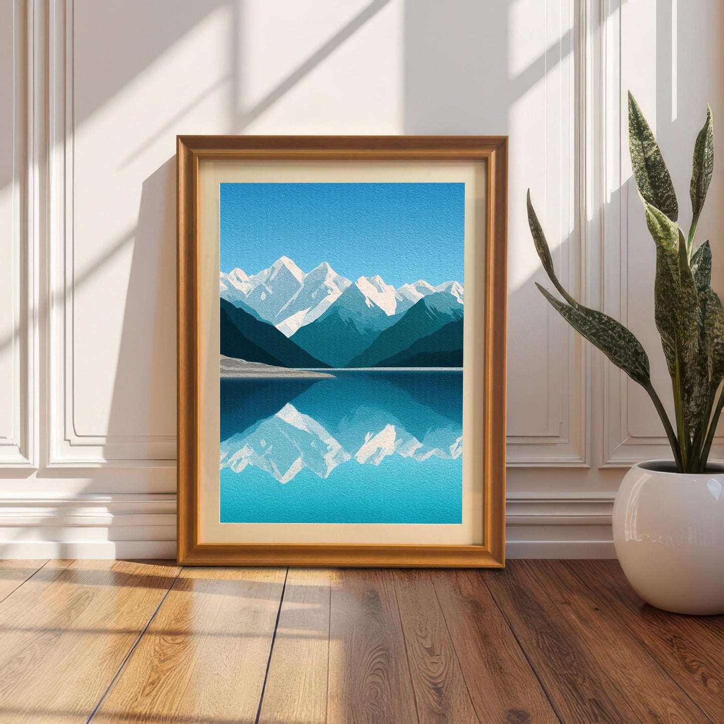 Wood Framed Minimalist Snowy Mountain Lake Art Giclée Print