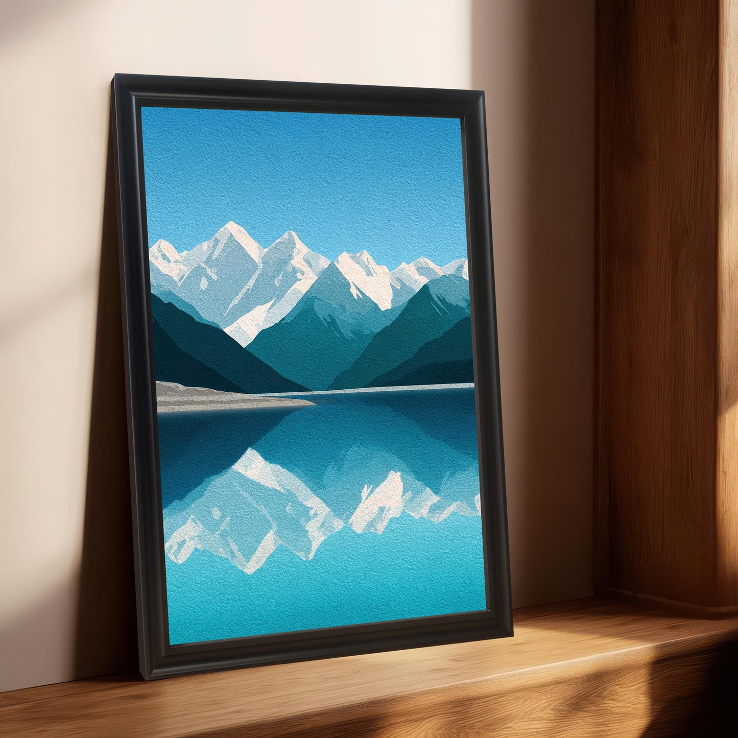 Wood Framed Minimalist Snowy Mountain Lake Art Giclée Print