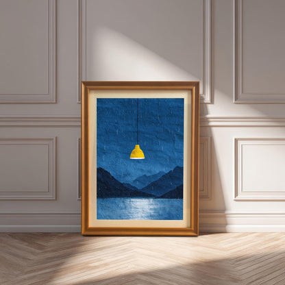 A framed art print of the dark blue rainy landscape with the yellow lamp in an Orange (golden/bronze) frame with a mount, leaning against a white wainscoting wall on a herringbone floor. Sunlight creates deep shadows.