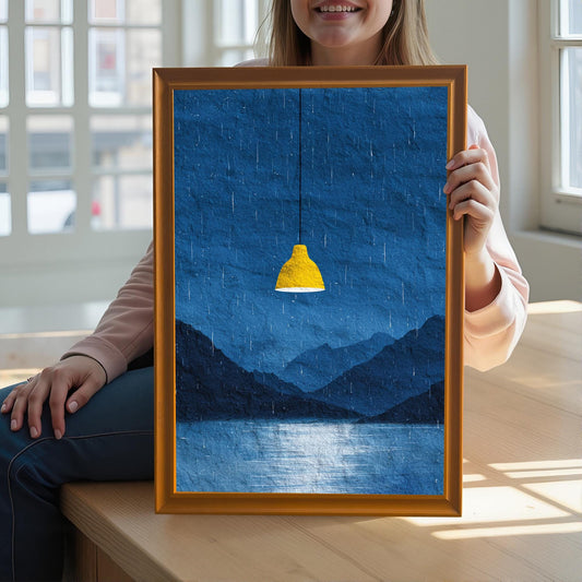 A woman seated near a window holds the framed art print of the dark blue rainy landscape with the yellow lamp in front of her. The print is in an Orange (golden/bronze) frame.
